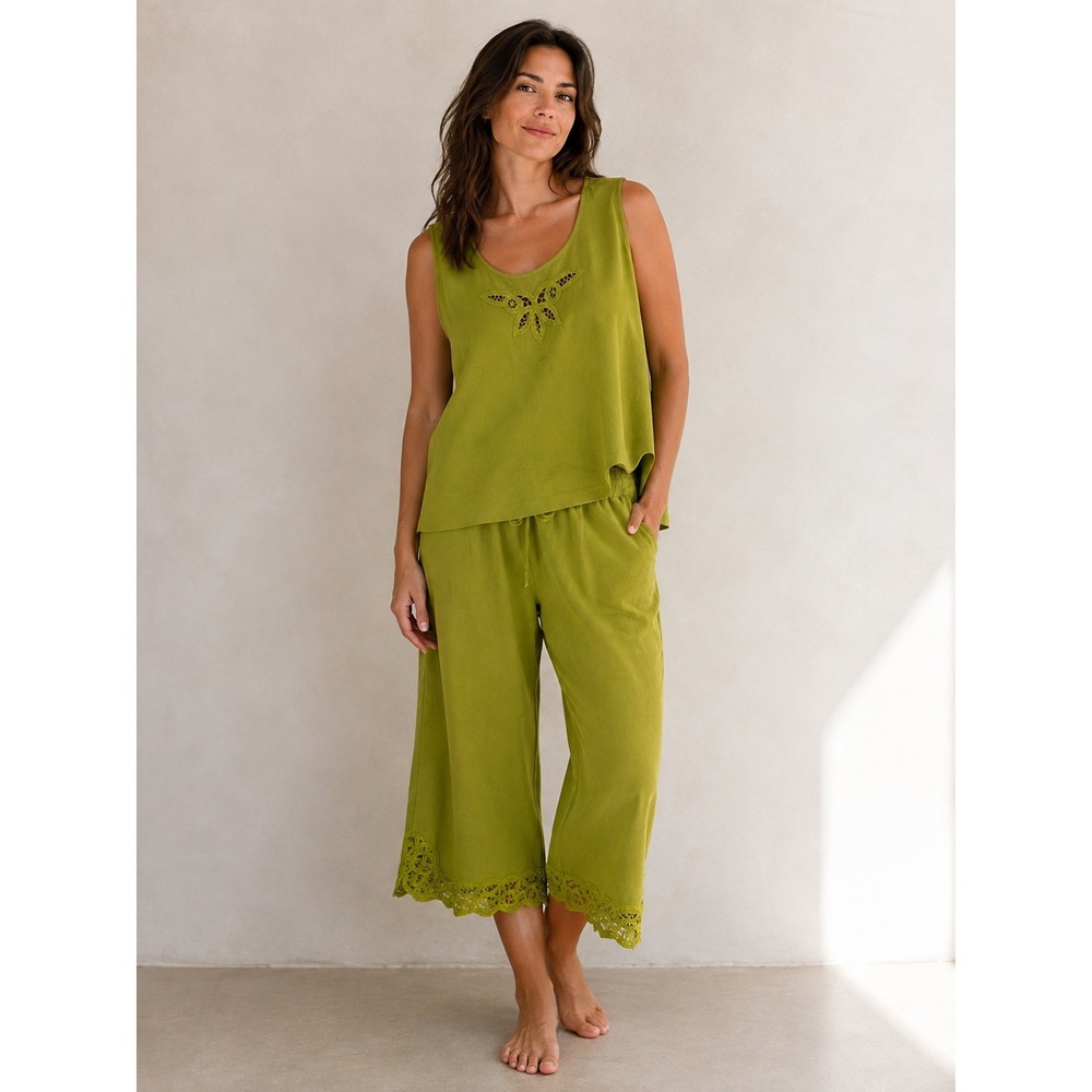 Great Cavalier 100% Silk 2 Piece Set M Chartreuse Green Lace Trim Boho Resort